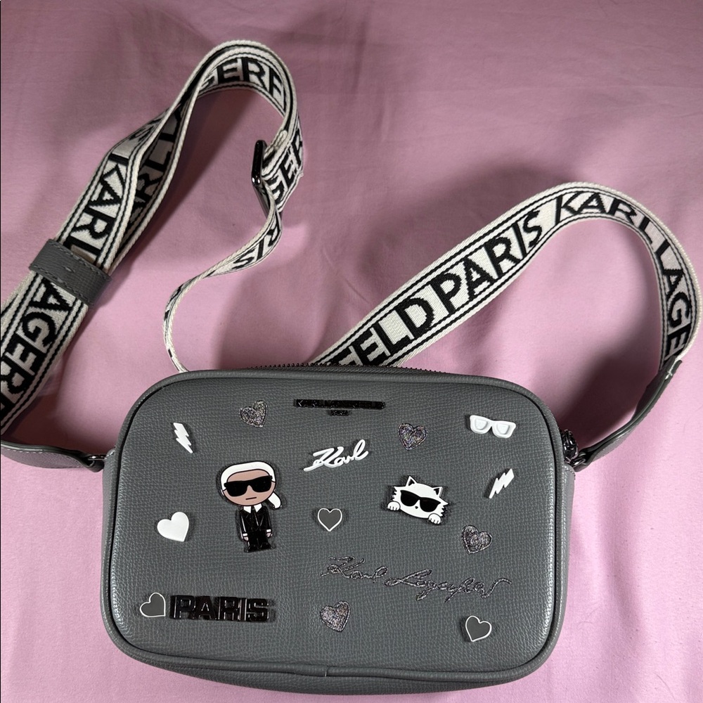 Karl Lagerfeld Gray Maybelle Crossbody with Branded Webbing Strap and Charms